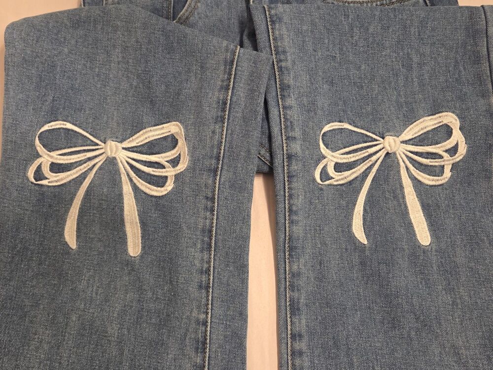 PrettyLittleThing Bow Wide Leg Jeans Size 0 Y2K Coquette - Picture 4 of 11